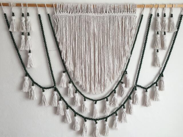 Beaded Macrame, Tassels Wall Hanging With Green Beads, Macrame Boho Decoration - image 1
