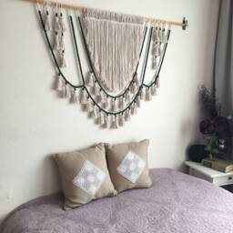 Beaded Macrame, Tassels Wall Hanging With Green Beads, Macrame Boho Decoration - thumbnail 3