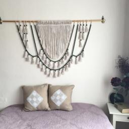 Beaded Macrame, Tassels Wall Hanging With Green Beads, Macrame Boho Decoration - thumbnail 2