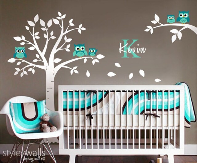 Owls Tree Wall Decal, Nursery Decal, & Decal For Baby Room Decor, Personalized Initial Name - image 1