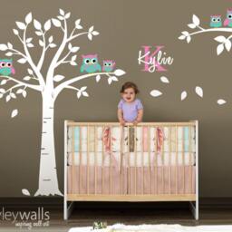 Owls Tree Wall Decal, Nursery Decal, & Decal For Baby Room Decor, Personalized Initial Name - thumbnail 2