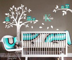 Owls Tree Wall Decal, Nursery Decal, & Decal For Baby Room Decor, Personalized Initial Name - thumbnail 1
