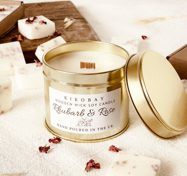 Rhubarb & Rose Soy Candle Gift Set - Tin Candles Handmade in The UK Wooden Wick Gold - image 1