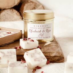 Rhubarb & Rose Soy Candle Gift Set - Tin Candles Handmade in The UK Wooden Wick Gold - thumbnail 2