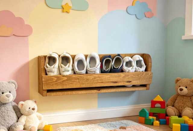 Rustic Wall Mounted Shoe Rack - Wood Kids Trainer Shelf - Dark Oak - image 1