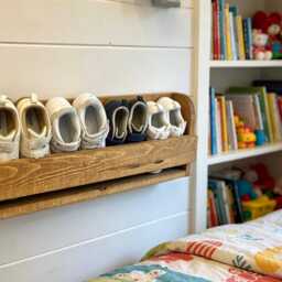 Rustic Wall Mounted Shoe Rack - Wood Kids Trainer Shelf - Dark Oak - thumbnail 3