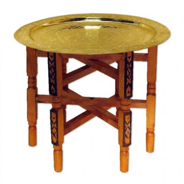 Handmade Moroccan Side Table, Wooden Accent Table With Engraved Brass Tray, Boho Home Decor - image 1