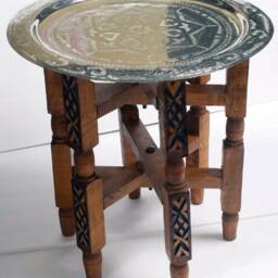 Handmade Moroccan Side Table, Wooden Accent Table With Engraved Brass Tray, Boho Home Decor - thumbnail 2