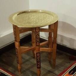 Handmade Moroccan Side Table, Wooden Accent Table With Engraved Brass Tray, Boho Home Decor - thumbnail 3