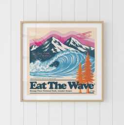 Surf Art Print, Mountain Wave Poster, Retro National Park Style, Eat The - thumbnail 1
