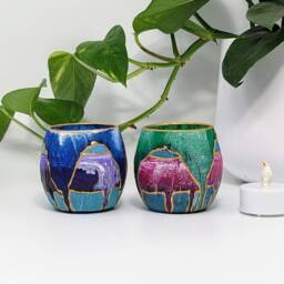 Artisan Candle Holder For Tealight Hand Painted Glass Colourful Gold Bowl Plants Succulent Decorative Abstract Homeware - thumbnail 2