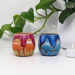Artisan Candle Holder For Tealight Hand Painted Glass Colourful Gold Bowl Plants Succulent Decorative Abstract Homeware - thumbnail 3