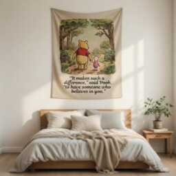 Winnie The Pooh Wall Tapestry - Nursery Boho Decor, Hundred Acre Wood Hanging, Bear Baby Room, Kids Bedroom - thumbnail 2