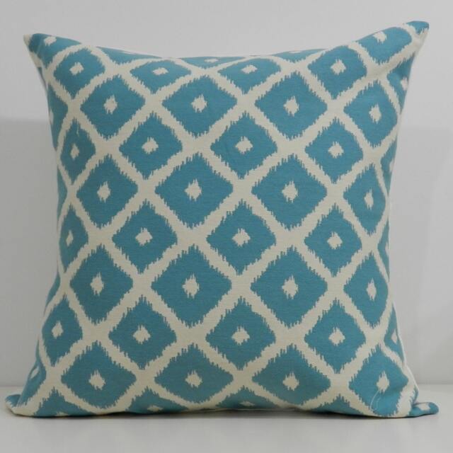 New 18x18 Inch Designer Handmade Pillow Cases in Aqua & Cream Ikat Pattern