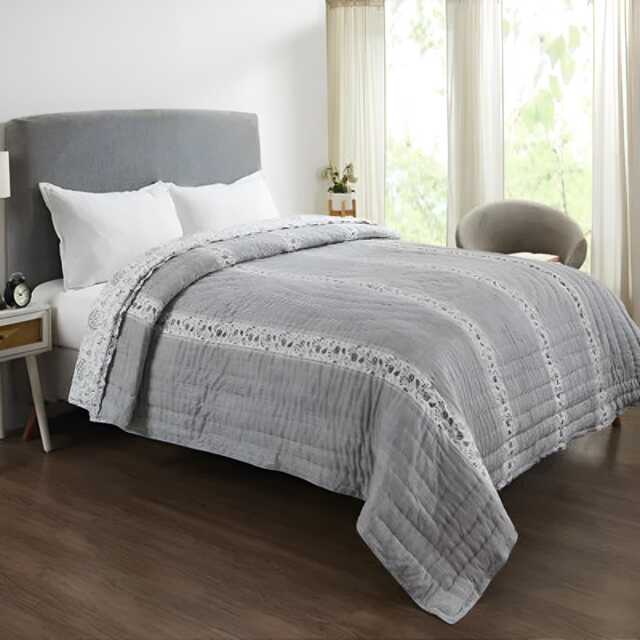 Hand Block Printed Cotton Quilt Sea Green & Grey Reversible Bedding - image 1