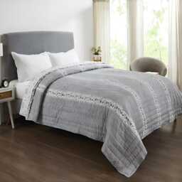 Hand Block Printed Cotton Quilt Sea Green & Grey Reversible Bedding - thumbnail 1