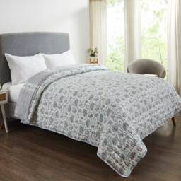 Hand Block Printed Cotton Quilt Sea Green & Grey Reversible Bedding - thumbnail 2