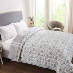 Hand Block Printed Cotton Quilt Sea Green & Grey Reversible Bedding - thumbnail 3