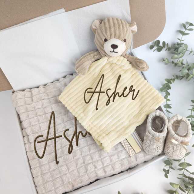 Embroidered Beige Teddy Comforter Blanket Gift Set - Baby Shower Booties Newborn Girl Boy - image 1