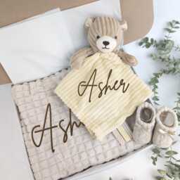 Embroidered Beige Teddy Comforter Blanket Gift Set - Baby Shower Booties Newborn Girl Boy