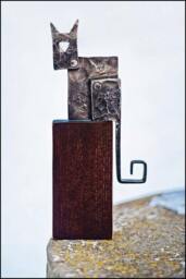 Metal Cat Sculpture Wood Base, Personalized Option