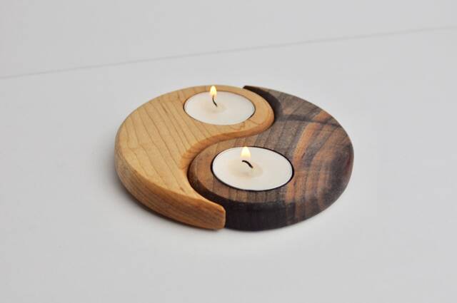 Yin & Yang Wood Tealight Candle Holder - Two Piece - image 1