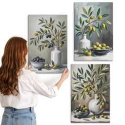 3 Piece Canvas Set - Olives in Ceramic Dishes On A Gray Background, Green Photo Print, Plants & Flowers Wall Decor - thumbnail 3