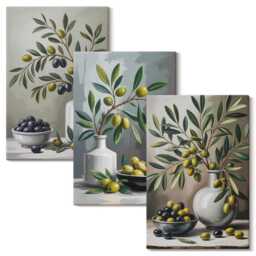 3 Piece Canvas Set - Olives in Ceramic Dishes On A Gray Background, Green Photo Print, Plants & Flowers Wall Decor - thumbnail 2