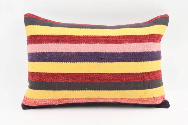 Handmade Kilim Lumbar Pillow Cover Striped Wool Cushion - 16x24 - image 1