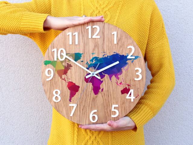Wall Clock - Oak 13 in World Map With Numbers Wood Colorfull Clock Modern Geometric Wall Art Unique - image 1