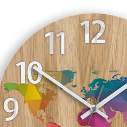 Wall Clock - Oak 13 in World Map With Numbers Wood Colorfull Clock Modern Geometric Wall Art Unique - thumbnail 3