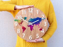 Wall Clock - Oak 13 in World Map With Numbers Wood Colorfull Clock Modern Geometric Wall Art Unique