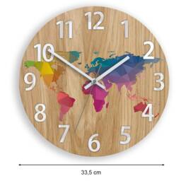 Wall Clock - Oak 13 in World Map With Numbers Wood Colorfull Clock Modern Geometric Wall Art Unique - thumbnail 4