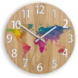 Wall Clock - Oak 13 in World Map With Numbers Wood Colorfull Clock Modern Geometric Wall Art Unique - thumbnail 2