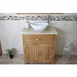 Solid Oak Bathroom Vanity - Travertine Top, Ceramic Basin - thumbnail 1