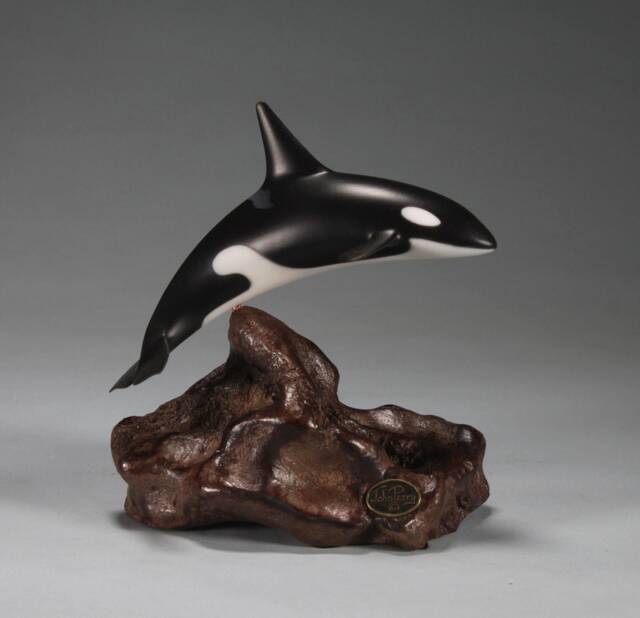 Orca Killer Whale By John Perry 6In Long Downtail Version Sculpture On Burlwood Base. Signed - image 1