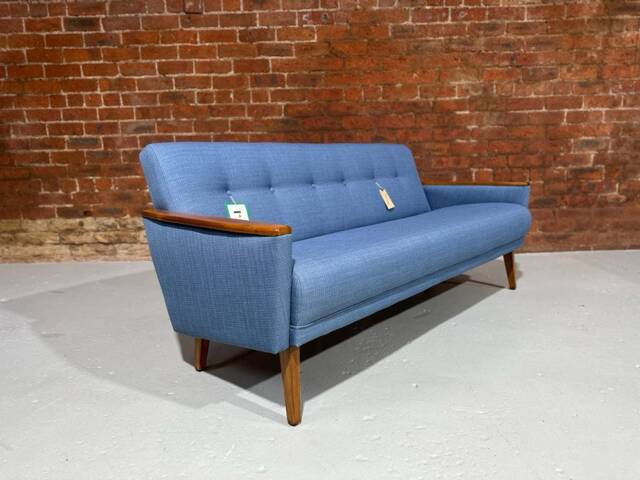 Danish 60S Vintage Inspired Model 55 Mid Century 3 Seat Lounge Sofa Settee in Denim Faux Linen Fabric - image 1