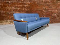 Danish 60S Vintage Inspired Model 55 Mid Century 3 Seat Lounge Sofa Settee in Denim Faux Linen Fabric