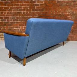 Danish 60S Vintage Inspired Model 55 Mid Century 3 Seat Lounge Sofa Settee in Denim Faux Linen Fabric - thumbnail 2