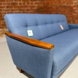 Danish 60S Vintage Inspired Model 55 Mid Century 3 Seat Lounge Sofa Settee in Denim Faux Linen Fabric - thumbnail 4