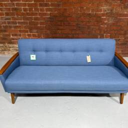 Danish 60S Vintage Inspired Model 55 Mid Century 3 Seat Lounge Sofa Settee in Denim Faux Linen Fabric - thumbnail 3