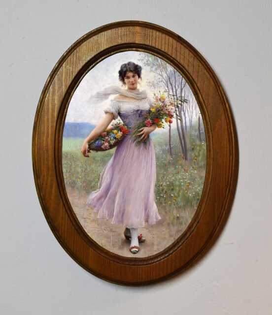 Light Oak Oval Wooden Framed Picture, Eugene De Biaas, Girl Carrying Bouquets Art Print, Wall Hanging Home Decor Antique Vintage Style - image 1