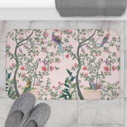 Chinoiserie Bath Mat - Non Slip Backing Oriental Bird Garden Light Pink Floral Design Charming Asian Botanical Bathroom Accessory - thumbnail 4