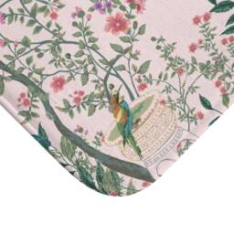 Chinoiserie Bath Mat - Non Slip Backing Oriental Bird Garden Light Pink Floral Design Charming Asian Botanical Bathroom Accessory - thumbnail 3