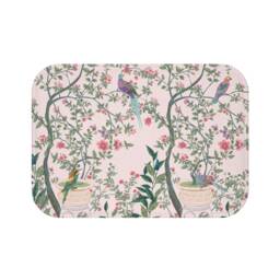 Chinoiserie Bath Mat - Non Slip Backing Oriental Bird Garden Light Pink Floral Design Charming Asian Botanical Bathroom Accessory