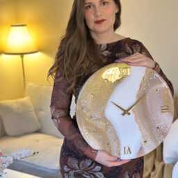 Resin Art Wall Clock Beige, Lavender & Natural Stone Decor - thumbnail 2