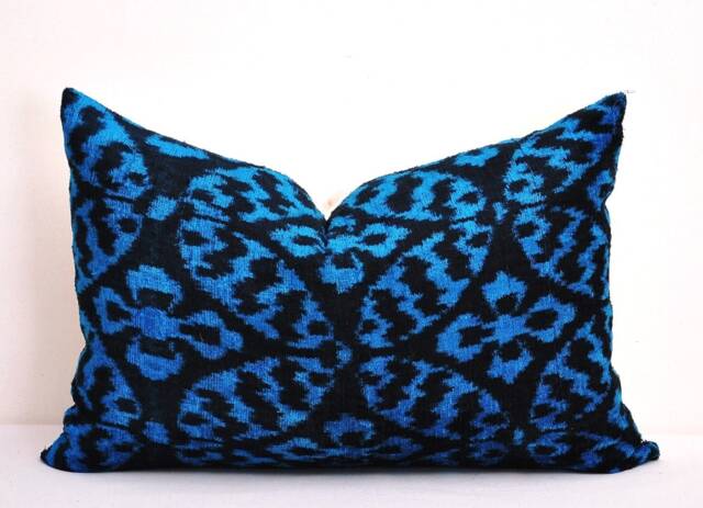 Handloom Silk Velvet Ikat Pillow Cover, Navy Blue Accent - image 1