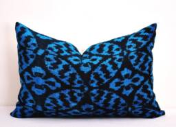 Handloom Silk Velvet Ikat Pillow Cover, Navy Blue Accent - thumbnail 1