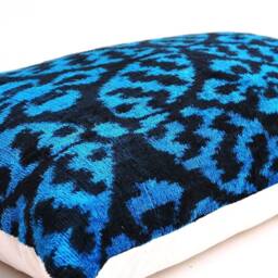 Handloom Silk Velvet Ikat Pillow Cover, Navy Blue Accent - thumbnail 2