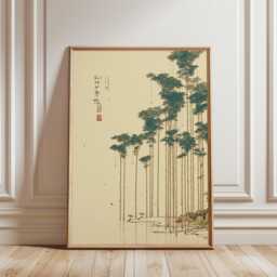 Japanese Bamboo Forest Poster Green Beige Wall Art Landscape Illustration Print Serene Asian Nature Home Decor, Vintage
